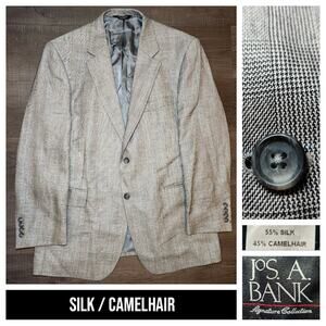 JOS A BANK Mens Sport Coat Blazer 43R Gray Silk Camelhair Hondstooth Check